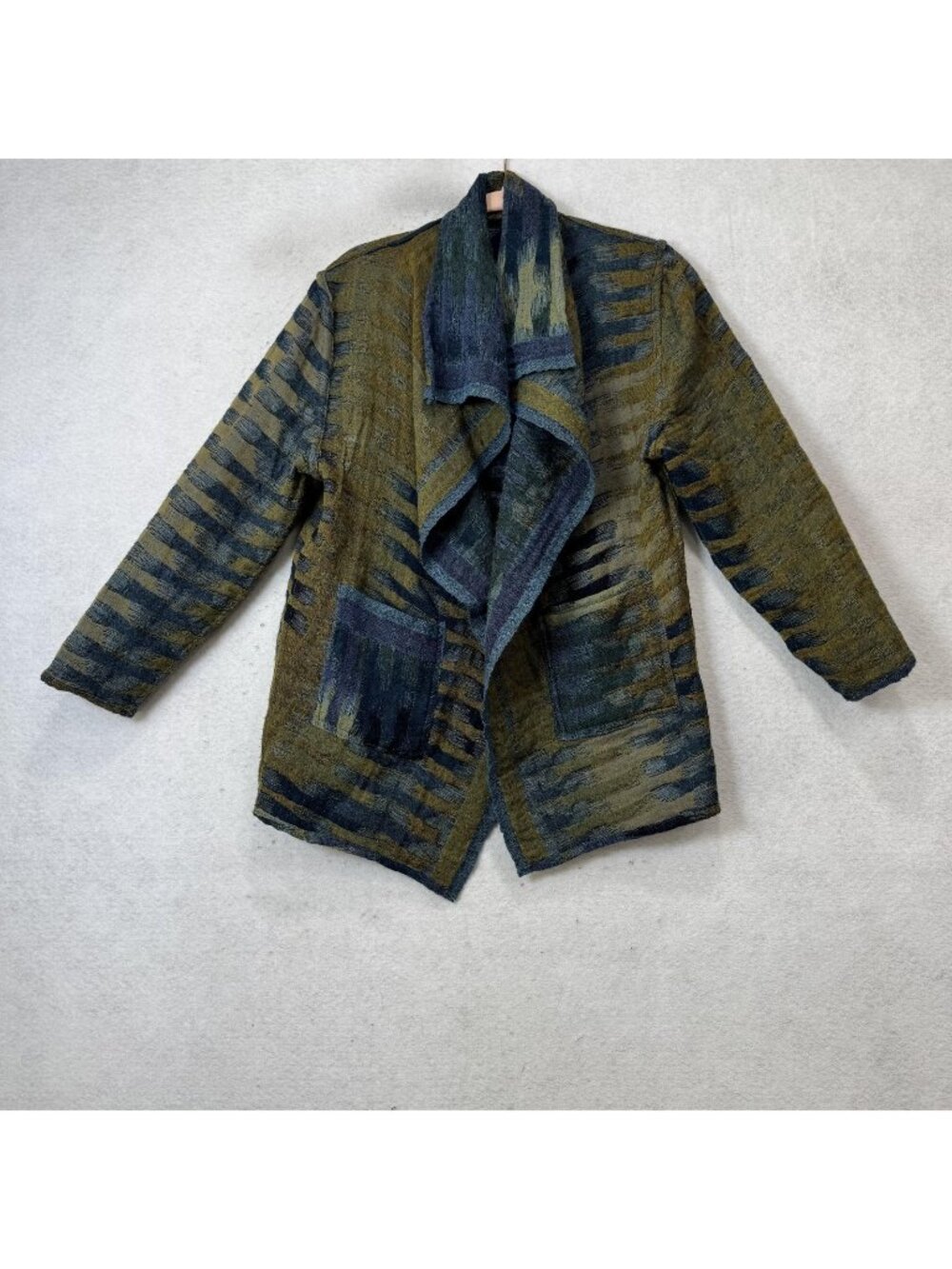 Striped Coatigan Jacket Womens XL Green Linen Blend Open Front Pockets Boho